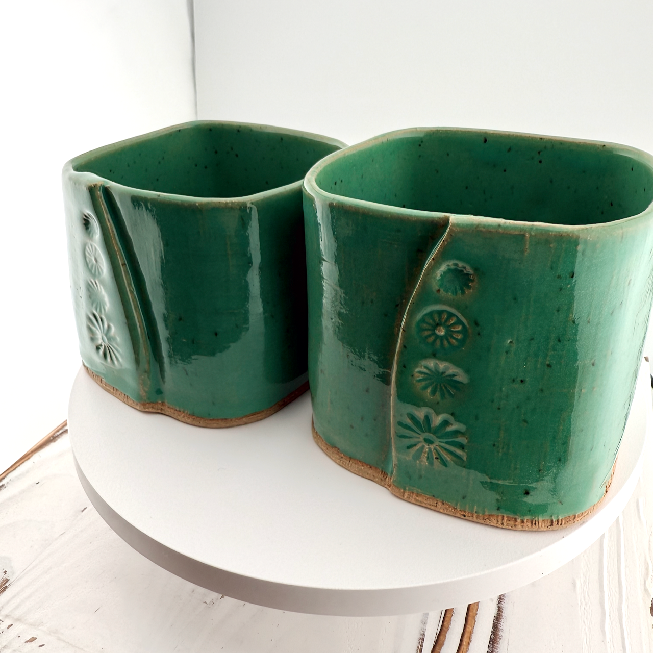 Square Green Daisy Cups - 2 piece set
