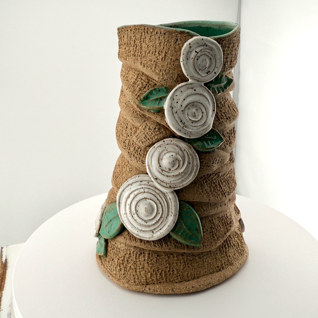 Burlap White Rosette Bud Vase